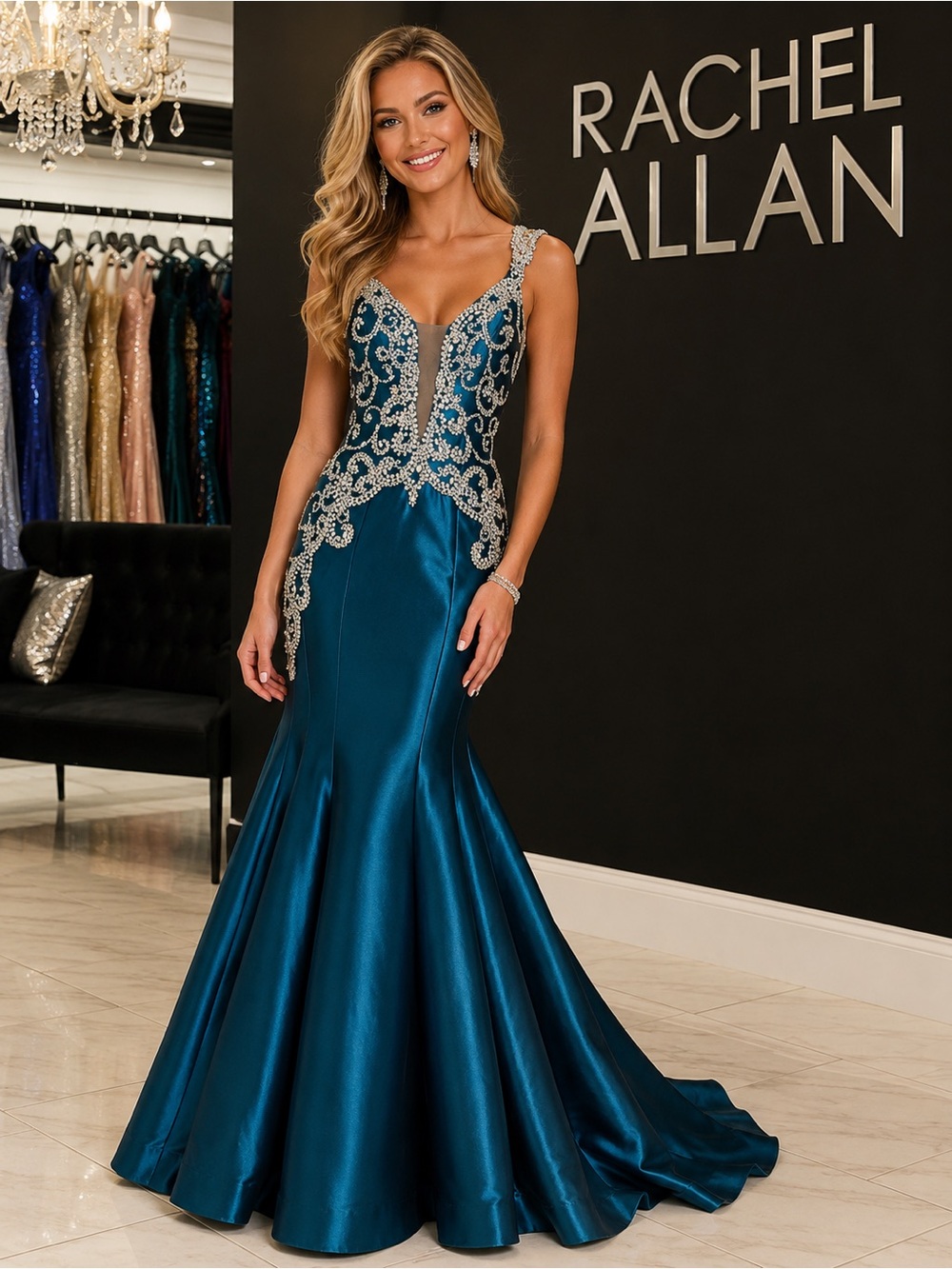 Rachel Allan Teal Mermaid Gown with Silver Crystal Appliqué size 2